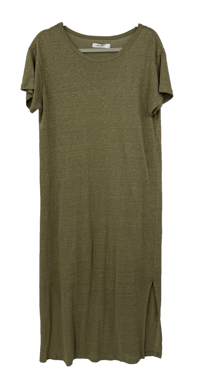 Mod Ref Linen Knit Maxi Shirt Dress Small Olive Green Short Sleeve Minimalist